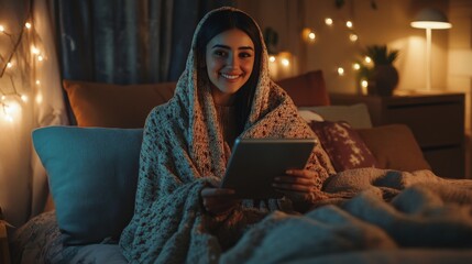 Aufkleber - A woman sits comfortably on a bed, wrapped in a cozy blanket, smiling as she uses a tablet. The room is softly lit with warm lights, creating a serene atmosphere perfect for relaxation.