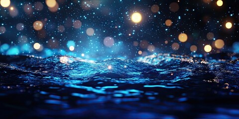 Defocused glittering bokeh lights creating an abstract pattern atop a deep navy blue sea texture, ideal for artistic backgrounds and designs.