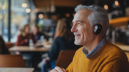 Aufkleber - A man with grey hair is seated at a cafe, wearing headphones and smiling as he enjoys music. The warm atmosphere and autumn colors enhance the feeling of comfort and relaxation among other patrons.