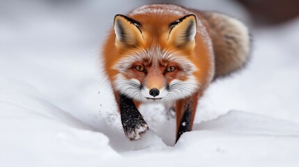 Wall Mural - a red fox walking through the snow with a focused expression. the fox's fur is vibrant red with blac