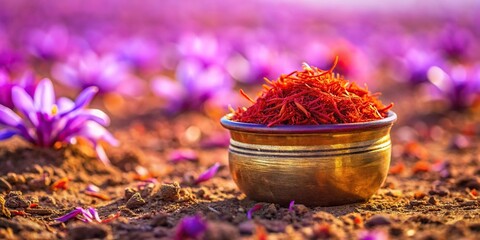 Spanish saffron plantation saffron container with saffron and saffron petal in focus depth of field