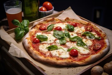 Wall Mural - Neapolitan pizza margherita served in a cardboard box