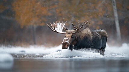 Wall Mural - a moose with large antlers covered in snow stands in a snowy and icy riverbank during winter, with a