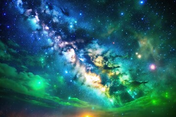 Wall Mural - starry night sky with green and blue nebulae