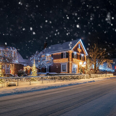 exterior of a house with christmas decorations xmas lights around the house in winter snowy weather