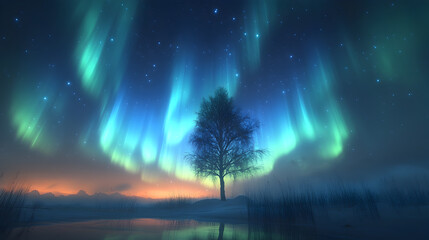 a lone tree stands silhouetted against a vibrant aurora borealis display in a misty night sky.