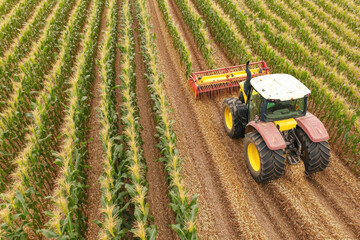 Aerial view of tractor harvesting corn in clear weather for agricultural production and efficiency