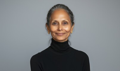 Portrait of a Smiling Woman Wearing a Black Turtleneck, Showcasing Natural Beauty in a Neutral Background Indoors