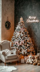 Poster - Merry Christmas is written on the wall above the tree