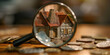 © Svetlana Leuto - a real estate company, close-up magnifying glass, figurine of a small house on a table, retro vintage style, the concept of finding housing for rent and purchase
