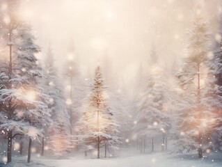 A snowy forest scene with soft light filtering through the trees. The trees are covered in a thick layer of snow, and the air is filled with a magical glow.