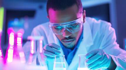 African American Scientist conducting laboratory experiment with fluorescent liquids