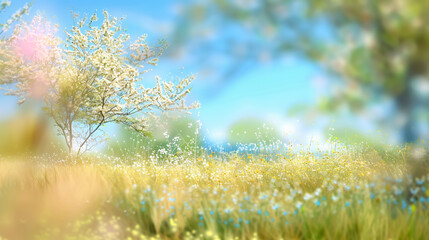 beautiful blurred spring background with blooming glade, trees, and blue sky on a sunny day.