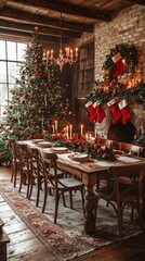 Poster - A large Christmas tree is surrounded by a table with many chairs and a fireplace