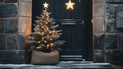 Poster - A small Christmas tree is lit up and placed in a bag outside a black door