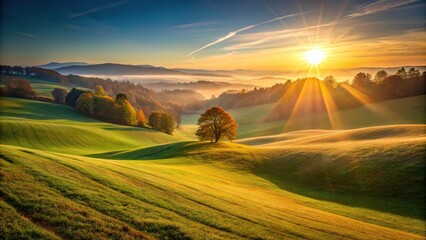 The sun rises over a rolling hillside, casting long shadows across the landscape as it rises higher in the sky, gentle, sunrise