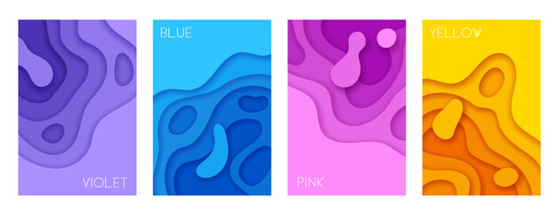 Poster - Color abstract shape paper cut backgrounds with 3D layers, vector posters or banners. Paper cut backgrounds with colors and abstract wavy shapes in cutout layers with 3D effect of color gradient