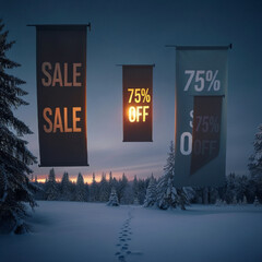 Abstract winter scene with sale banners floating in the air %75 of sign special deals for christmas or new year sales