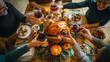 © Gold - A joyful scene of people toasting around a table with a centerpiece of a roasted turkey, baked turkey,