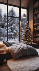 Poster - A cozy bedroom with a large window overlooking a snowy forest