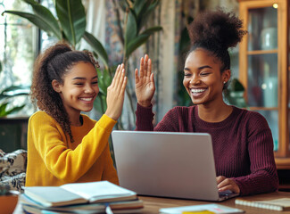 father child home family homework daughter girl cheerful teenage parent education laptop teen teachi