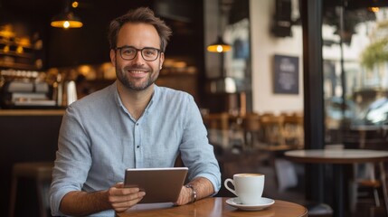 Aufkleber - A cheerful young man sits at a wooden table in a cafe, holding a tablet and sipping coffee. The warm ambiance features soft lighting and a casual vibe, perfect for relaxation or work.