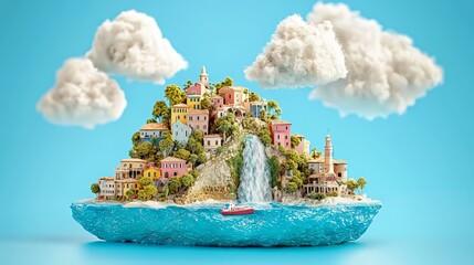 Miniature island with a colorful village, a waterfall, and a boat floating in blue water with clouds floating above.