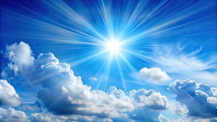 Wall Mural - Thin, wispy clouds scattered across a clear blue sky with a few sunbeams peeking through, thin, airy