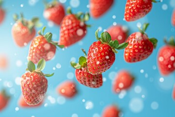 Juicy, Ripe Red Strawberries Isolated on Blue, Splashing in Refreshing, Summery Sweet Delight