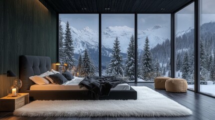 Poster - A bedroom with a large bed and a window overlooking a snowy mountain