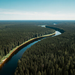 Aerial view of meandering water meander of river between green forest curving stream