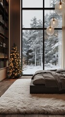 Poster - A cozy bedroom with a large window overlooking a snowy forest