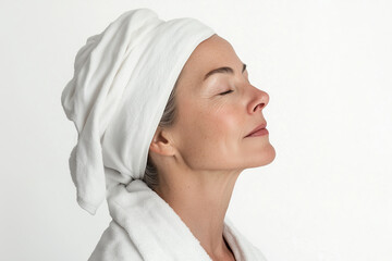 Wall Mural - old middle aged relaxed adult woman profile portrait relaxing in spa studio with towel on head, skin