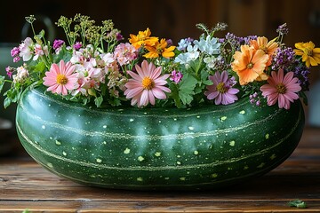 A vibrant bouquet of flowers arranged in a unique zucchini vase