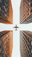 Poster - A plane is flying over a city with tall buildings