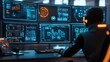 © Metthaisonk - A professional working at a high-tech command center with multiple screens displaying data analytics and cybersecurity information.