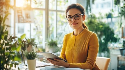 Poster - A woman with long, dark hair sits at a desk near a window in a bright, green office. She wears a yellow sweater and holds a tablet in her hands.