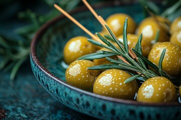 Close-up of green olives with rosemary in a bowl