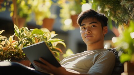 Aufkleber - A young man enjoys the tranquility of a sunny garden, absorbed in reading on his tablet. Surrounded by lush greenery and potted plants, he seems at peace while soaking in the warm sunlight.