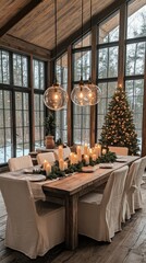 Poster - A large wooden dining table is set with a white tablecloth