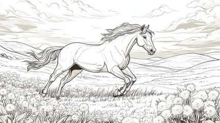 A majestic horse gallops through a picturesque meadow filled with dandelions under a cloudy sky in a serene landscape, coloring page