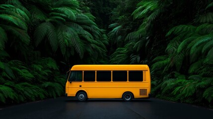 Tourist bus travelling through scenic street. Lush green trees. Travel concept.