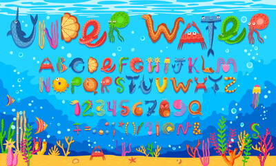 Fototapete - Cartoon sea animal font, marine alphabet, ocean underwater type, aquatic typeface, blue water vector background with fish and corals. Cute english alphabet letters and numbers font of marine animals