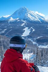  Skier Relaxing with Hot Drink on Snowy Mountain Terrace