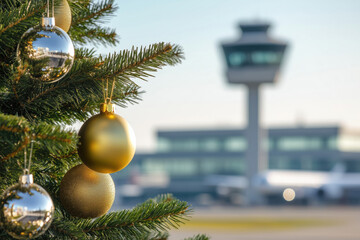 Close up of a Christmas tree with golden ornaments in an international airport