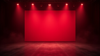 Poster - rk stage features red background, empty space, neon lights, spotlights, smoke, and textured interior with asphalt floor and studio room displays.