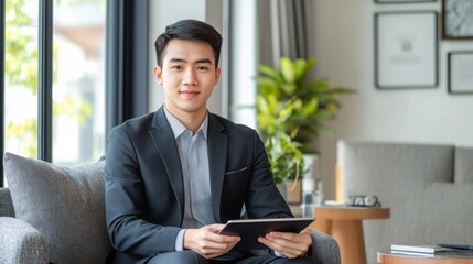 Wall Mural - A young Asian man dressed in a stylish suit sits on a comfortable couch in a contemporary office. He holds a tablet and gazes confidently at the camera, surrounded by greenery and modern decor.