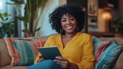 Wall Mural - A cheerful woman with curly hair sits comfortably on a colorful sofa, engaged in reading on her tablet. The well-lit room features green plants, creating a relaxed atmosphere for her leisure time.