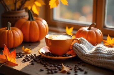 A cup of coffee with smoke coming out of it, Halloween style, with a beautiful smile, pumpkins, on a wooden table by the window, coffee beans, autumn leaves.