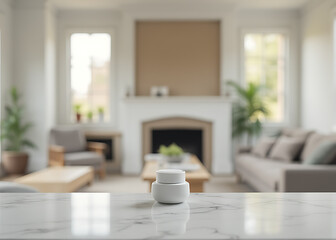 Poster - Product sits on marble counter behind blurred living room backdrop with empty space for display.